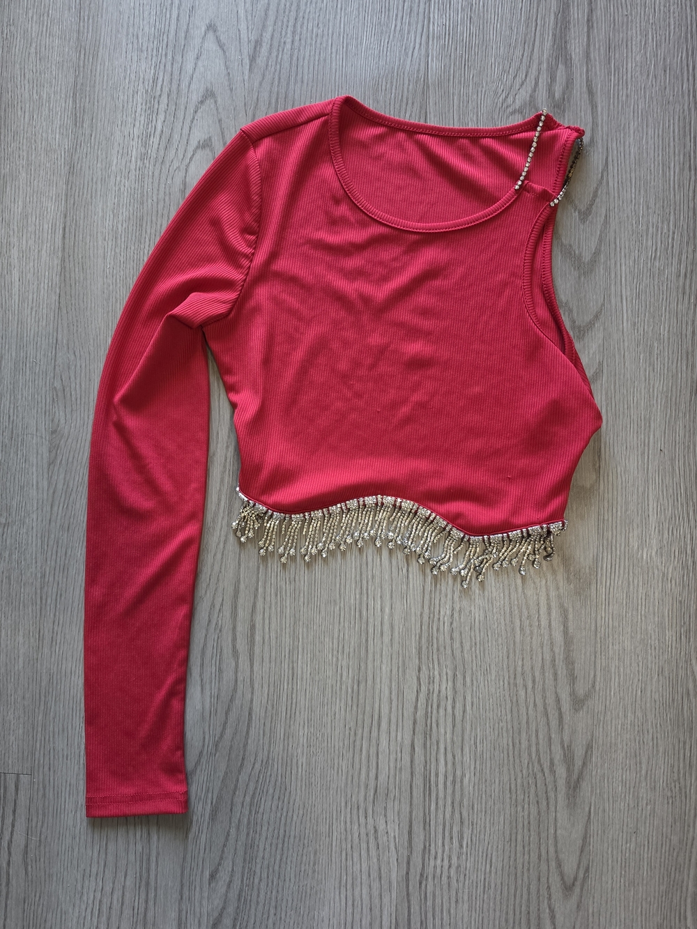 SHEIN Red One-Shoulder Crop Top with Beaded Fringe